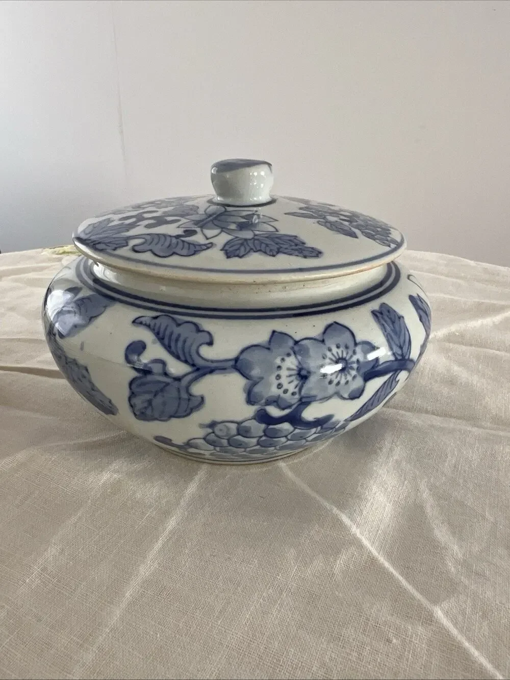 Blue and White Ceramic Floral Round Jar with Lid, Medium, 6 in, Decorative